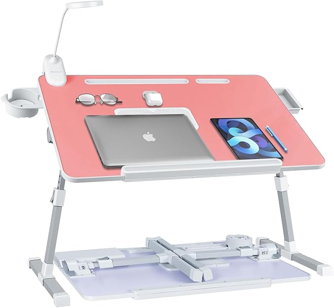 iXTRA Laptop Lap Desk with Cooling Fan - Adjustable Bed Desk with Light, Bed Table with Cup Holder&Phone Holder - Storage Drawer Desk - Folding Bed Desk,Pink,70x45cm