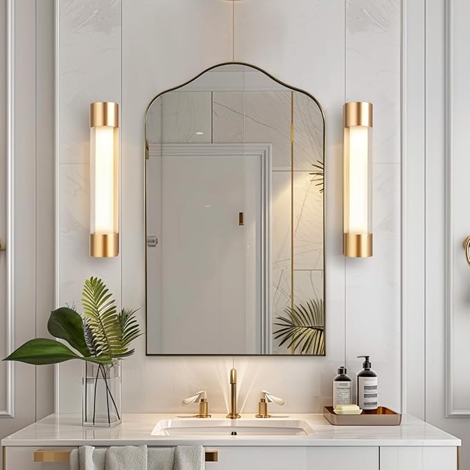 ANDY STAR Brass Scalloped Arched Wall Mirror, 24x38 Brushed Gold Irregular Bathroom Mirror with Curved Design for Vanity, Powder Room, Fireplace, Mantel, Stainless Steel Frame, Rustproof