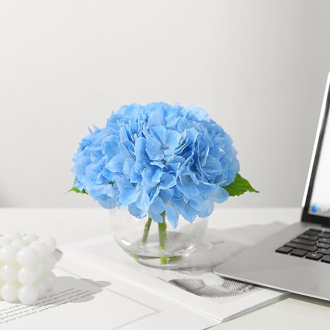 Blue Hydrangea Artificial Flower with Vase Fake Flower in Glass Vase with Faux Water for Home Bathroom Office Table Centerpiece Shelf Decorations Flowers