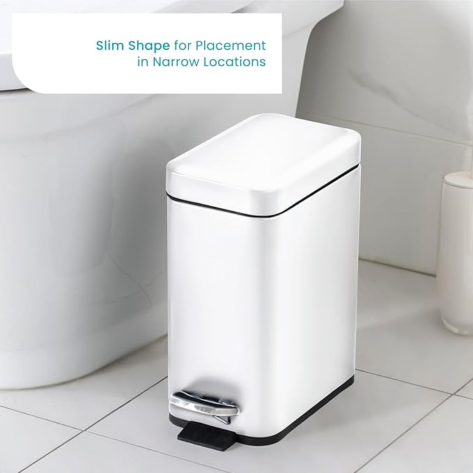 Home Zone Living 2-Pack 1.3 Gallon Small White Bathroom Trash Can with Lid and Step Pedal, Stainless Steel Wastebasket with Slim Design for Home and Office, 5 Liters