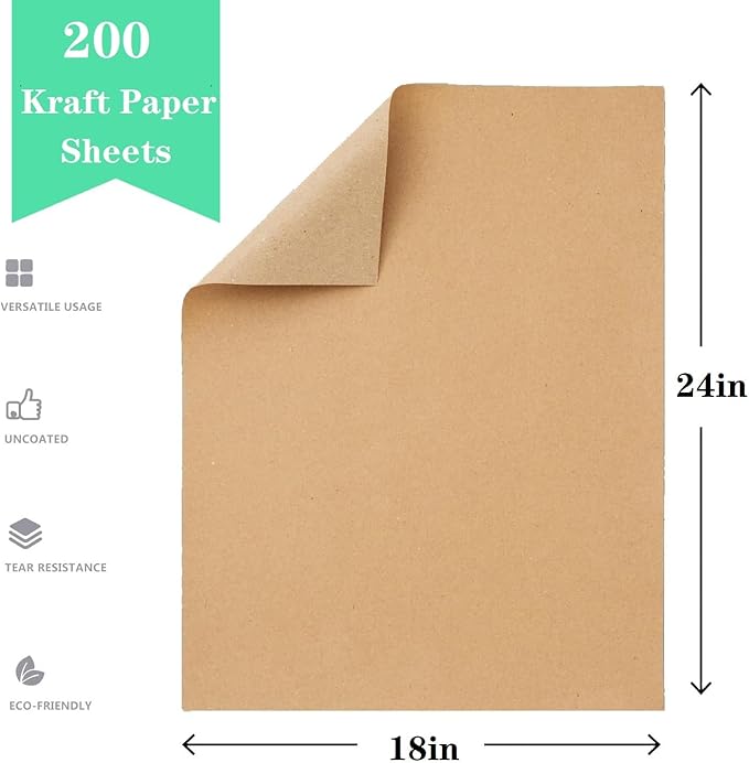 18”x 24”Kraft Paper Sheets Bulk Brown Paper Large Craft Paper for Arts, Drawing, DIY Projects, Brown Wrapping for Gift Shipping Packaging 200 Sheets