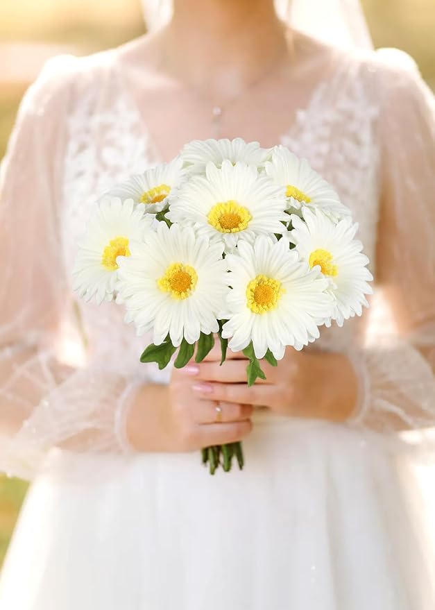 White Small Flowers 11.8” Fake Daisies 8 Pcs PU Gerbera Daisy Artificial Flowers for Vase Wedding Party DIY Office Home Living Room Decor