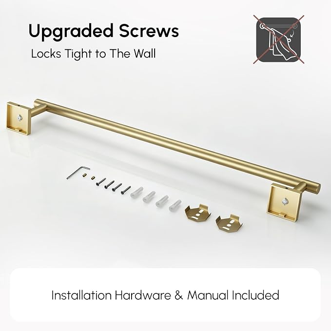 USHOWER Brushed Gold Towel Bar, 24 Inch Towel Racks for Bathroom Wall Mounted, 304 Stainless Steel Towel Holder with Square Base, Modern Home Decor (Total Length 26 Inch)