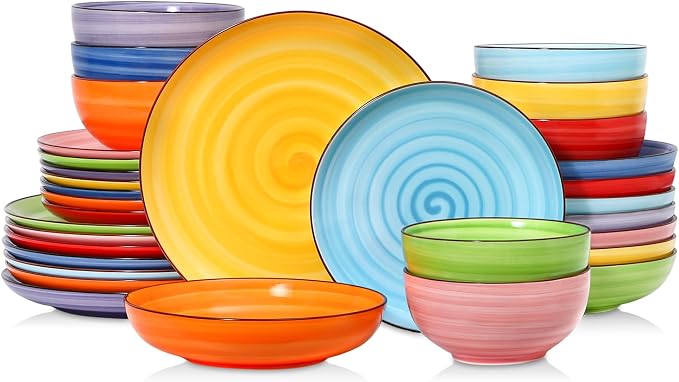 Selamica Ceramic Plates and Bowls Sets,32 Pieces Dinnerware Sets for 8,Scratch Resistant Dish Set for holiday gathering,Dishwasher & Microwave Safe, Dopamine Colors