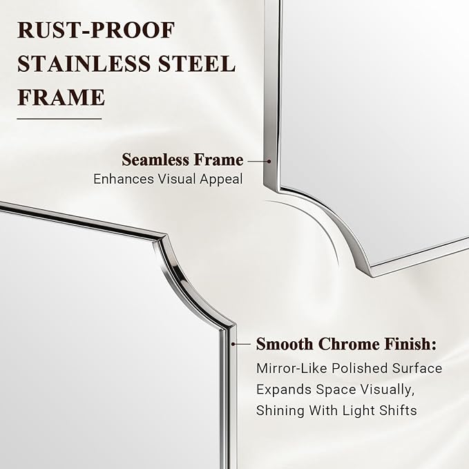 ANDY STAR 30"x30" Chrome Bathroom Mirror, Square Vanity Mirror, Scalloped Wall Mirror in Rustproof Stainless Steel Thin Frame, Aesthetic Scalloped Corner Design, Ideal for Bathroom Remodel