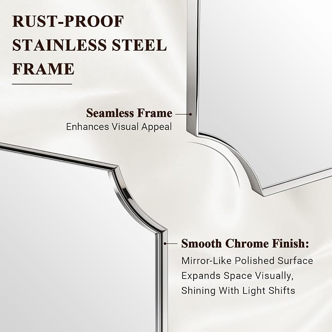 ANDY STAR 24x36 Inch Chrome Mirror, Scalloped Bathroom Mirror, Polished Chrome Framed Mirror in Anti-Rust Stainless Steel Metal Thin Frame Deep 1’’, Unique Scalloped Edge Design