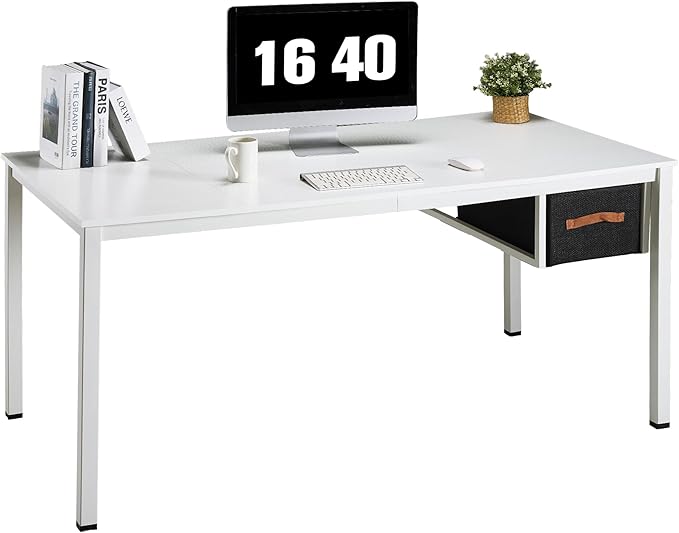 White Computer Desk with Drawer, 63 Inch Large Home Office Work Desks, Modern Writing Study PC Desk Gaming Table for Bedroom Home, Stable Thick Metal Legs Frame Support