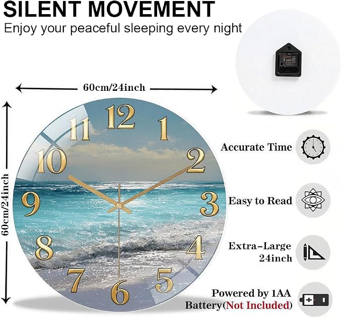 24 Inch Ocean Beach Glass Wall Clock Silent Coastal Art Decor | Silent glossy wall clock featuring a stunning ocean beach scene, perfect for adding a coastal vibe to living room or bedroom
