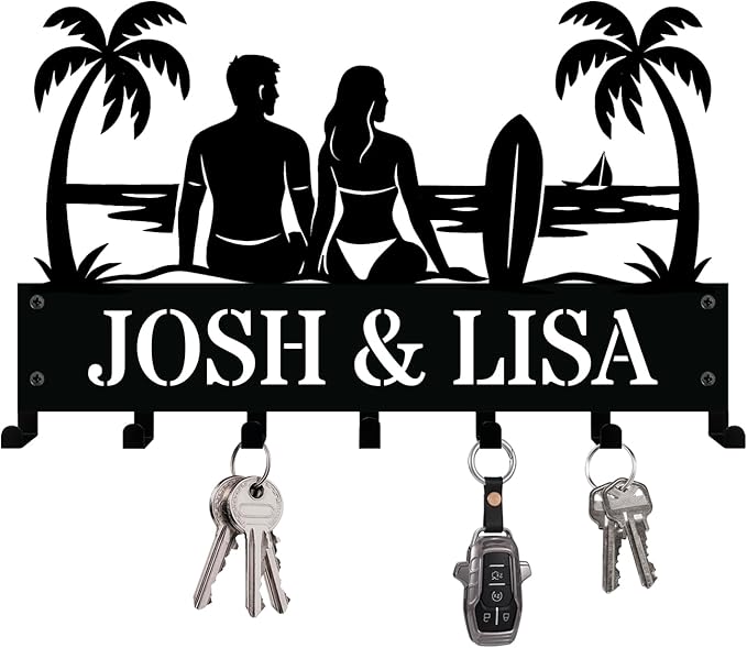 NIWAHO Personalized Key Holder for Wall - Custom Key Hanger with Family Name - Surfboard Couple Engraving Metal Wall Sign with Hooks, Housewarming or New Home Gift