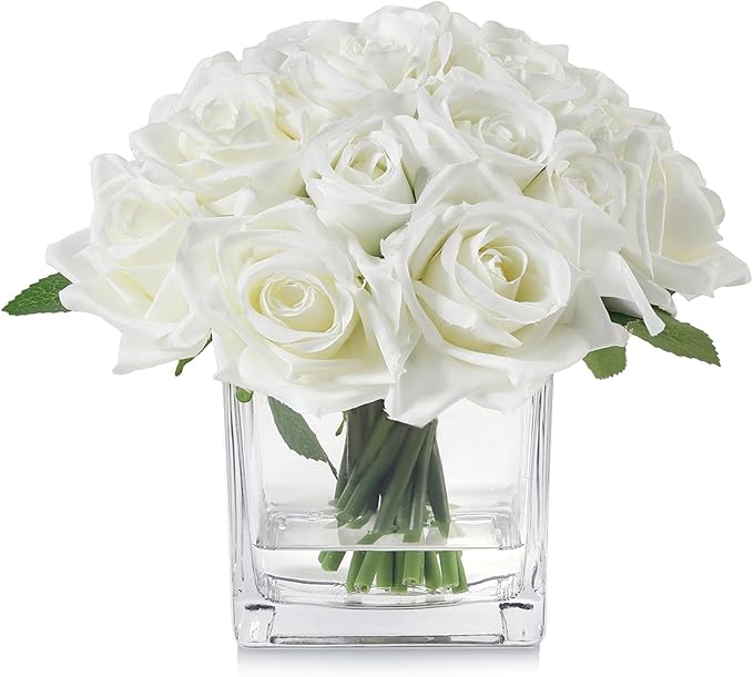 18 Heads Artificial Flowers in Vase with Fake Water, Faux Rose with Vase for Dining Table Bedroom Wedding Decor (Cream)