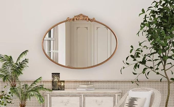 OUSHUAI Gold Oval Mirror for Wall,Baroque Fireplace Decor,Brass Wall Mirror,Victorian Vintage with Full Matel Frame,Ornate Entryway/Bathroom/Living Room/Hallway 36''X24'' (XD-004ZM)