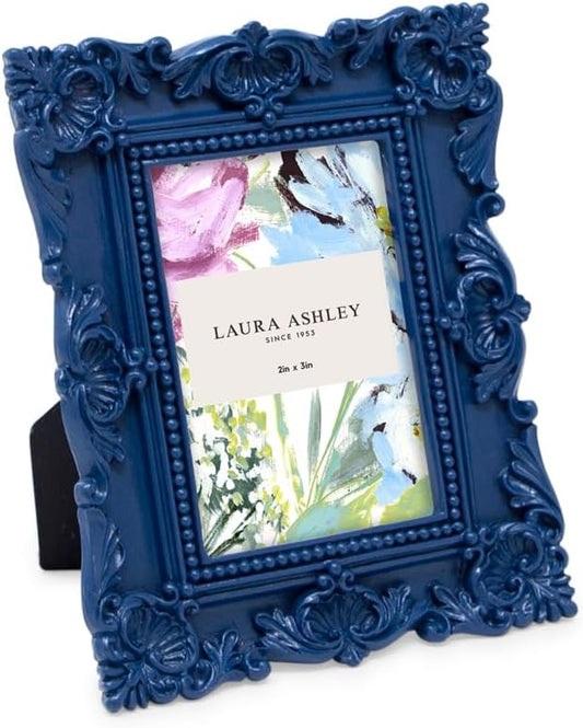 Laura Ashley 2x3 Navy Ornate Textured Hand-Crafted Resin Picture Frame with Easel, for Tabletop & Wall Display, Decorative Floral Design Home Décor, Photo Gallery, Art & More (2x3, Navy)