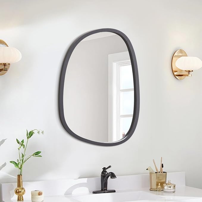 Irregular Wood Frame Asymmetrical Oval Mirror - Unique Modern Wall Mounted Artistic Mirror for Bathroom, Bedroom, Living Room & Entryway - Decorative 16"x12" Grey