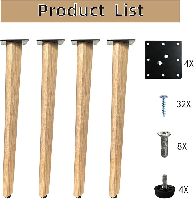 QLLY 26 inch Solid Wood Table Legs, Natural Varnished Wooden Desk Legs with Adjustable Leveling Feet, Set of 4, Heavy Duty Replacement Legs for for DIY Dining Table, Office Desk, Farmhouse Furniture