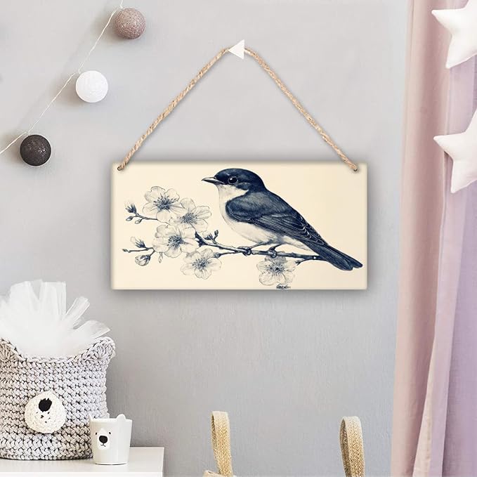 Monochrome Bird Wooden Sign 12x6 Inch - Realistic Decor for Bird Lovers & Traditional Home Designers, Perfect for Nature-Eccentric Rooms & Retro Themed Spaces