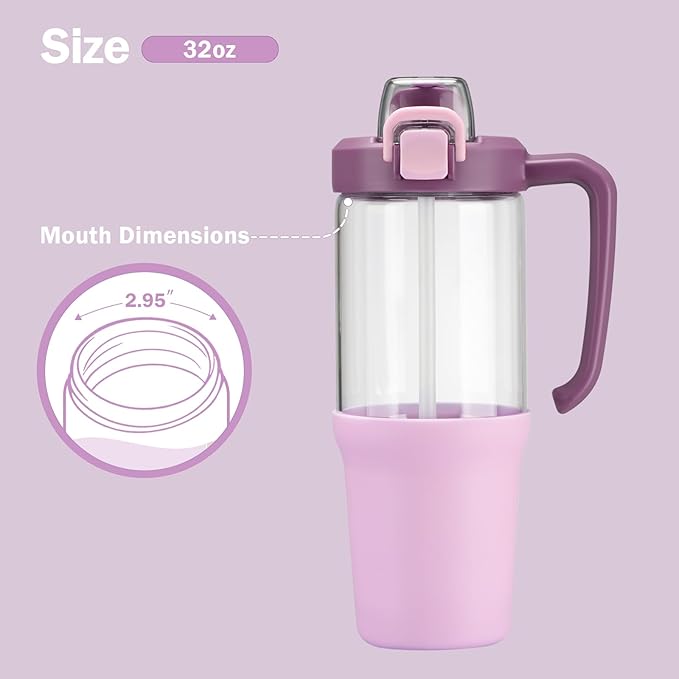 32oz Glass Water Bottle, 2-in-1 Straw and Sip Spout Lid, Leakproof Wide Mouth Tumbler with Handle, BPA-Free Reusable Bottle for Sports, Office, Outdoor, Lilac