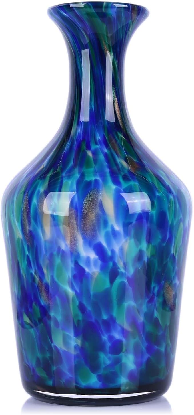 Hand Blown Glass Vase Teal Mosaic (Blue Green Splash) – Murano Inspired Art Glass Vase with Wide Mouth for Flowers, Bubble Vase, Coastal Centerpiece for Dining Room or Living Room (Blue)