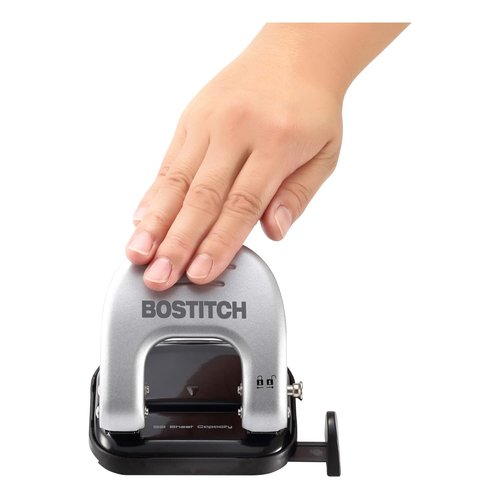 Bostitch Office 2-Hole Punch - Reduced Effort Design, Locking Handle, Silver Finish, 2 Sheets Capacity