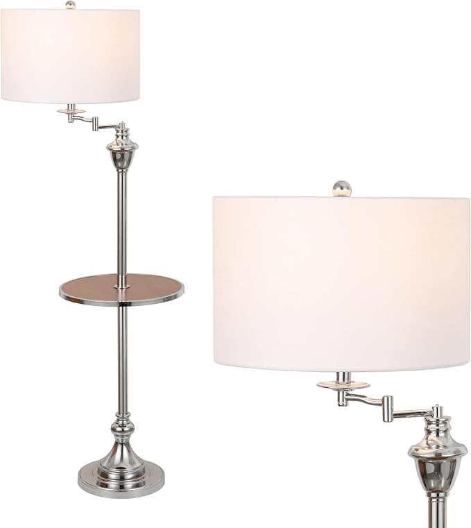 JONATHAN Y 60" Chrome Swing Arm Wood Integrated Side Tray Candlestick Tray Table Floor Lamp Traditional for Living Room Bedroom with White Linen Drum Shade LED Bulb Included JYL3055E