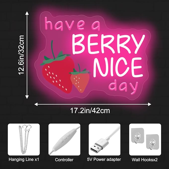 Have A Berry Nice Day Neon Sign, Aesthetic Wall Art, Light up My Happy Place Sign for Encouraging Light, Vintage Strawberry Decor, Pink Led Light for Bedroom, Club, Gifts For Birthday, Christmas Party
