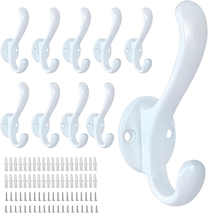 10 Pack Coat Hooks Wall Mount Heavy Duty Utility Retro Double Hooks for Hanging Coats,Hat, Towel, Key, Robe, Scarf, Bag, Cap (White)