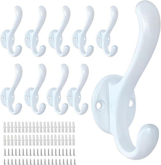 10 Pack Coat Hooks Wall Mount Heavy Duty Utility Retro Double Hooks for Hanging Coats,Hat, Towel, Key, Robe, Scarf, Bag, Cap (White)