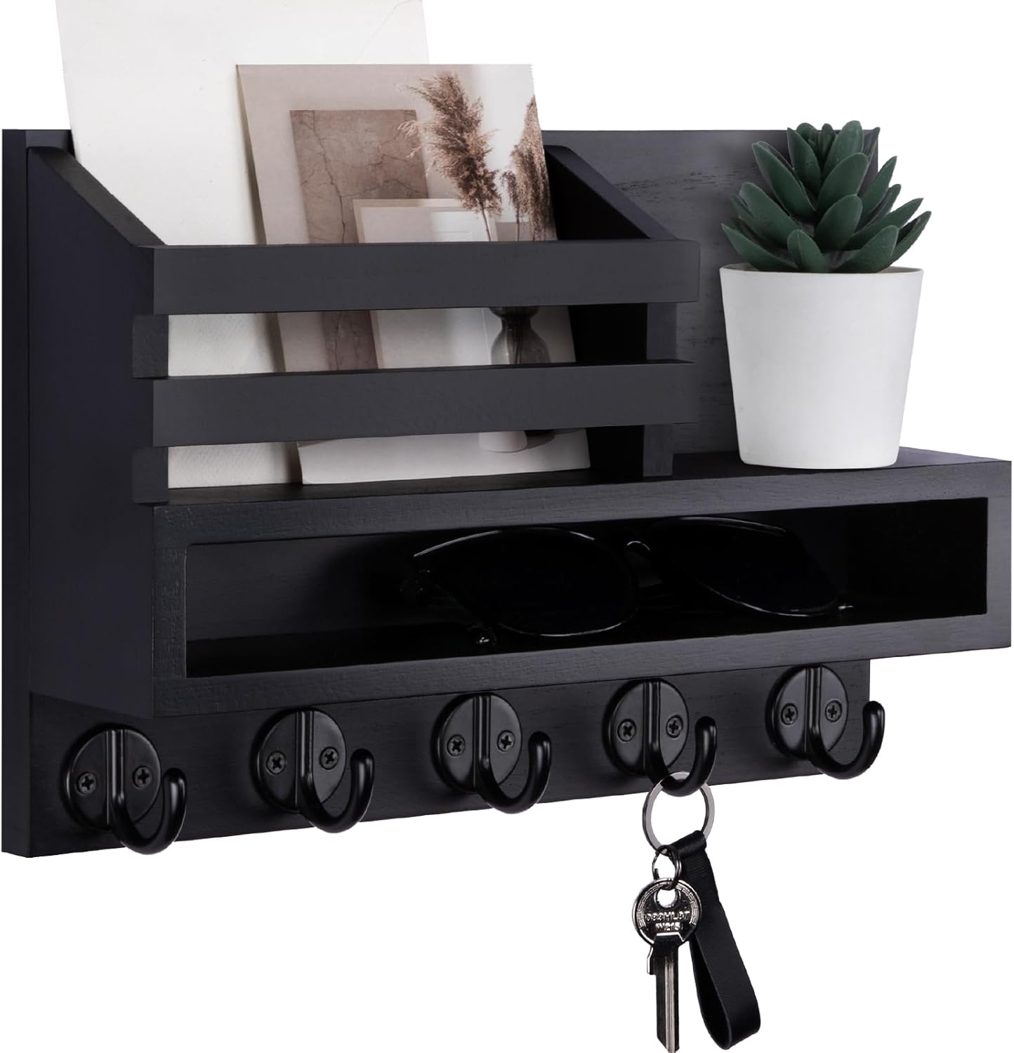 Skiennix Key and Mail Holder Wall Mount - 5 Hooks for Coats and Dog Leashes | Entryway Organizer 11.8”W x 7.8”H x 3.2”D