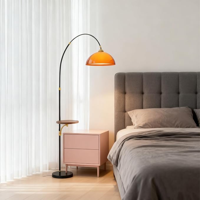MIXL-Black Arch Floor Lamp with Wood Table,2-Tier Shade Over Couch Curved Floor Lamp,Unique Ambient Lighting,Mid Century Modern Standing Light for Office Nursery