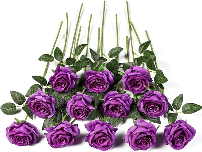 Kisflower 12Pcs Roses Artificial Flowers Purple Flowers Realistic Single Stem Flowers Silk Rose Bouquet for Wedding Party Office Home Decor (Purple)