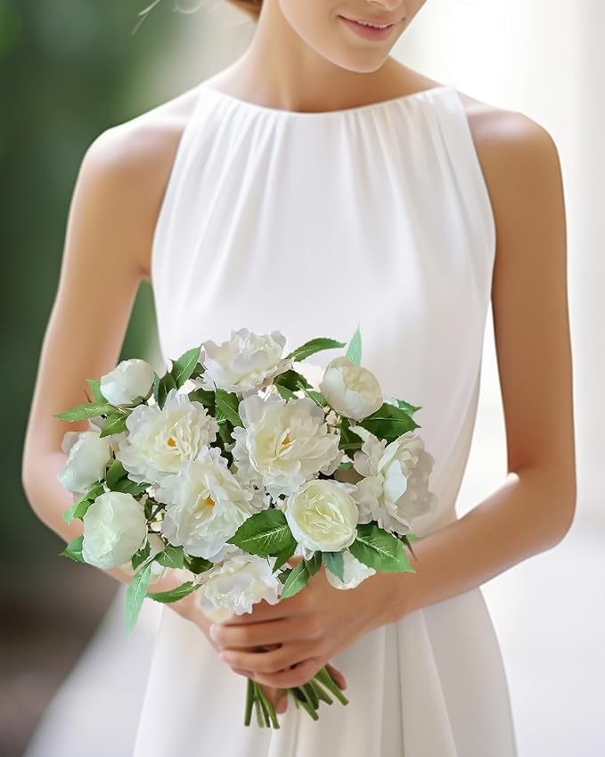 Premium White Peonies Artificial Flowers, Bulk Fake Silk Peony Flowers with Stems, Faux Florals for DIY Wedding Bridal Bouquets, Floral Arrangements, Table Centerpieces, Home Decorations