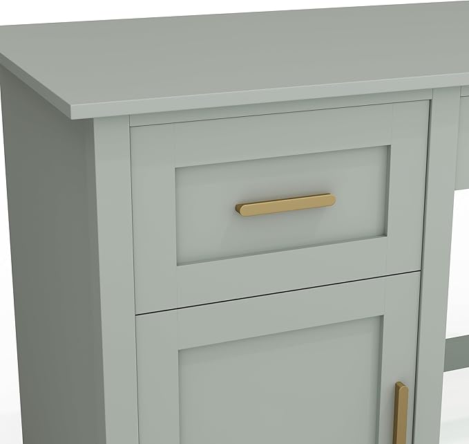 Martha Stewart Hutton Shaker Style Home Office Desk with Storage in Sage with Polished Brass Hardware
