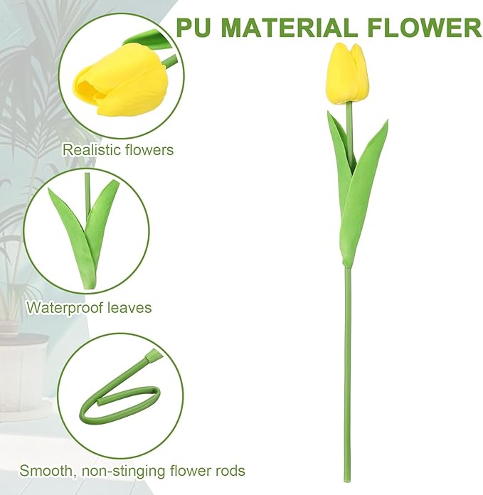 uxcell 20pcs Tulips Artificial Flowers, Faux Flowers Silk Fake Tulip Stems Real Touch for Wedding Bouquet Centerpiece Table Party Decoration(Yellow)