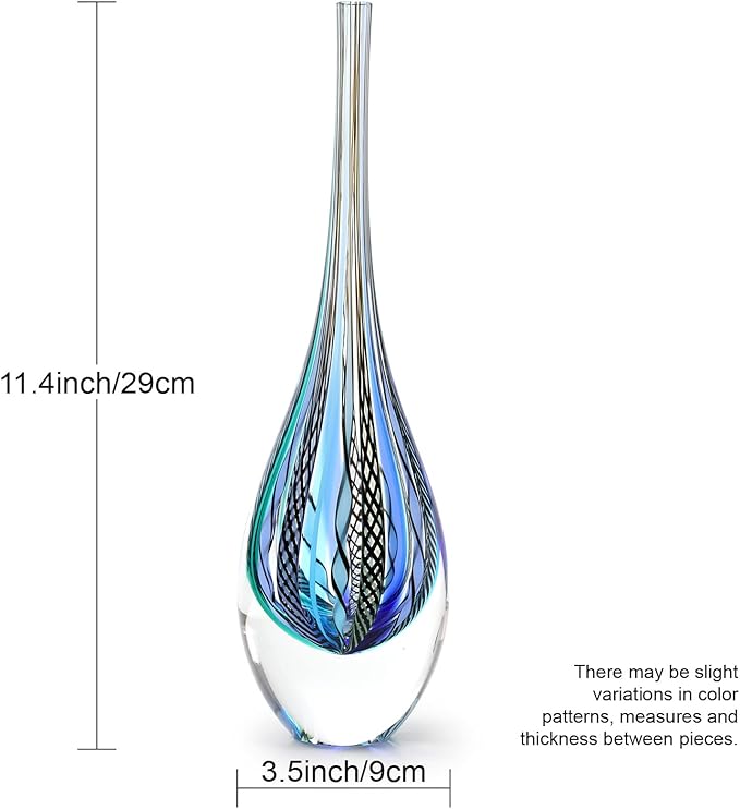 Ca D Oro Small Drop Glass Vase Boho with Blue/Green Canes Hand Blown Murano-Style Art Glass - Model Tall