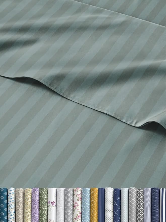 Striped Sheets - Green Striped Sheets - 1 Flat & 1 Fitted & 2 Pillowcases w/ Deep Pockets – Comfy, Wrinkle & Fade Free - Soft, Breathable and Cooling – Luxury Pinstripe Bedding - Queen Size Bed Set