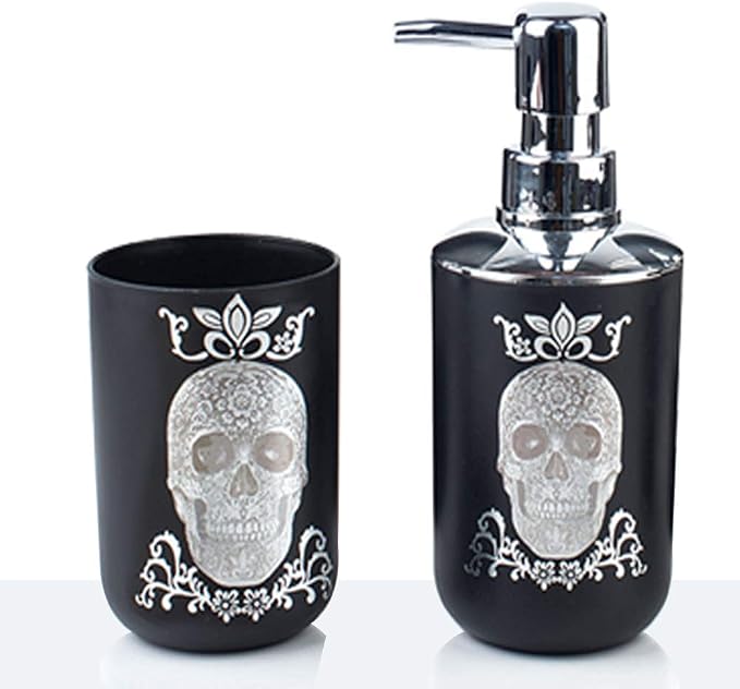 Halloween Bathroom Accessories Set 6 Piece Plastic Bathroom Ensemble Soap Dispenser Toothbrush Holder Tumbler Soap Dish Trash Can Toilet Brush Holder for Decorative Countertop Housewarming Gift(Black)