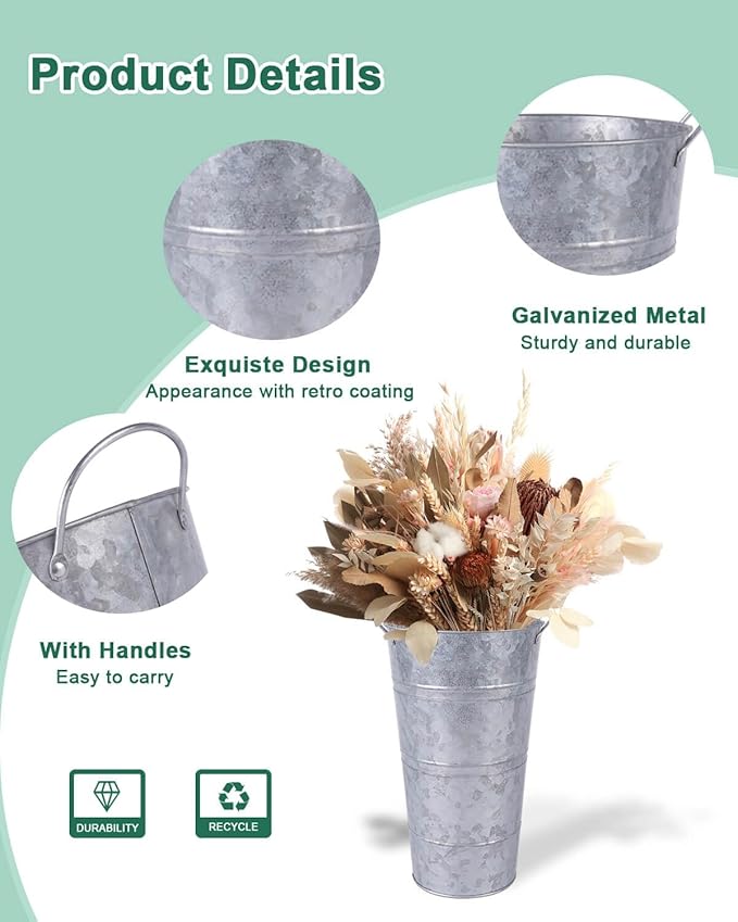 12 Inch Galvanized Metal Vases for Flowers - 2 Pcs Farmhouse Decorative Tall Flower Bucket with Handles, Rustic French Tin Planter Buckets for Wedding Decor (Silver)