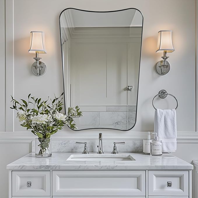 ANDY STAR Scalloped Bathroom Mirror, 26x38 Inch Brushed Nickel Frame Mirror, Silver Bathroom Vanity Mirror, Modern Scalloped Edge Design in Rust-Proof Stainless Steel 1” Frame