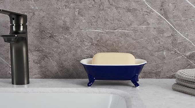 6.5" Ceramic Mini Decorative Clawfoot Bathtub Bar Soap Dish, Kitchen Sponge Holder and Shower Tray for Bathroom, 1 Pack(Navy Blue)