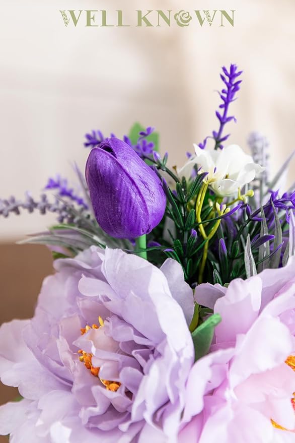 WELL KNOWN Artificial Flowers in Glass Vase with Fake Water, Silk Peony Fake Tulip Bouquet for Home Dinning Tea Table, Office Desktop, Hotel, Wedding, Party, Lavatory Decor & Gift (Lavender Purple)