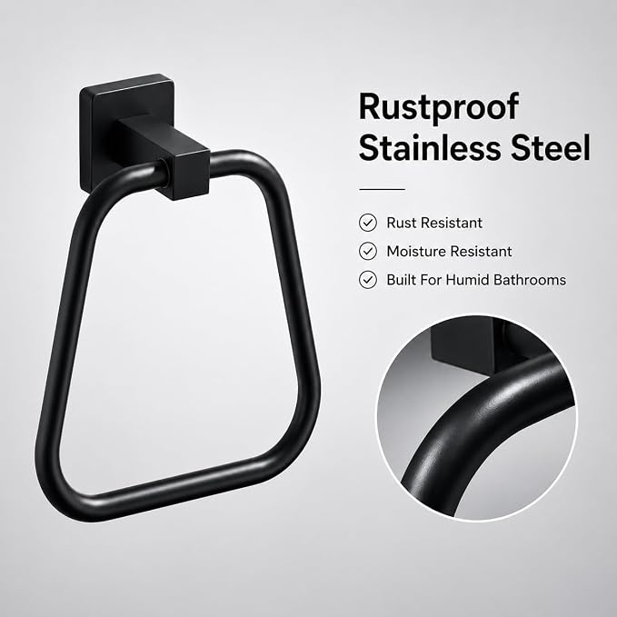 Matte Black Towel Ring for Bathroom 2 Pack, Kitchen Bath Towel Holder Hangers Wall Mount Heavy Duty Stainless Steel