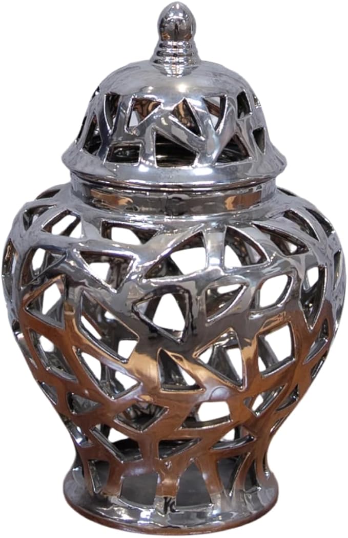 Urban Trends 21285 Ceramic Urn Vase with Cutout Triangle Design, Silver