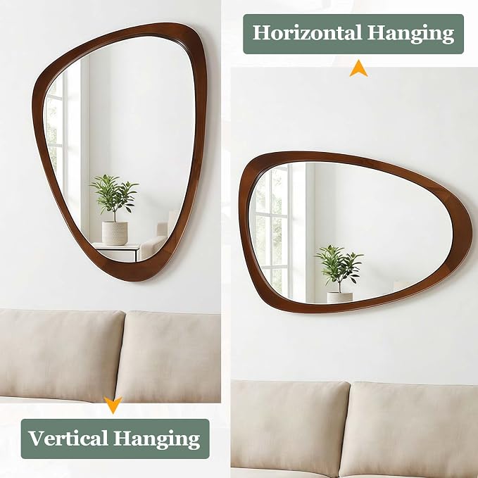 20x30 Inch Asymmetrical Wall Mirror Wood,Rustic Irregular Shaped Vanity Mirror for Bathroom,Bedroom, Living Room, Entryway, Fireplace,Wall Decor,Solid Wooden Frame (Dark Walnut, 20"x30" Inch)