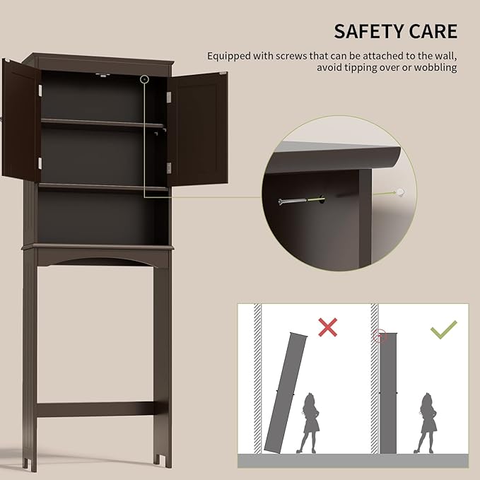 Gizoon Over the Toilet Storage Cabinet with Adjustable Shelf and Double Doors, Bathroom Space Saver Organizer Above Toilet with Open Shelf, Taller Wooden Free Standing Toilet Rack -Espresso