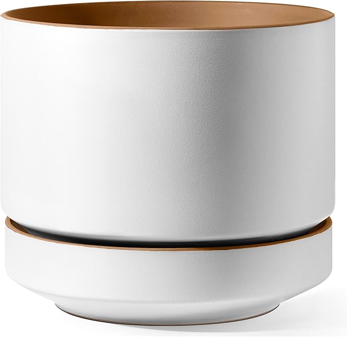 LE TAUCI 14 Inch Large Plant Pot with Saucer, Ceramic Outdoor & Indoor Big Planter with Drainage Hole, Mesh Pad & Plug Included, Matte Glazed Outside, Modern for Home and Patio, Alpine White & Ochre