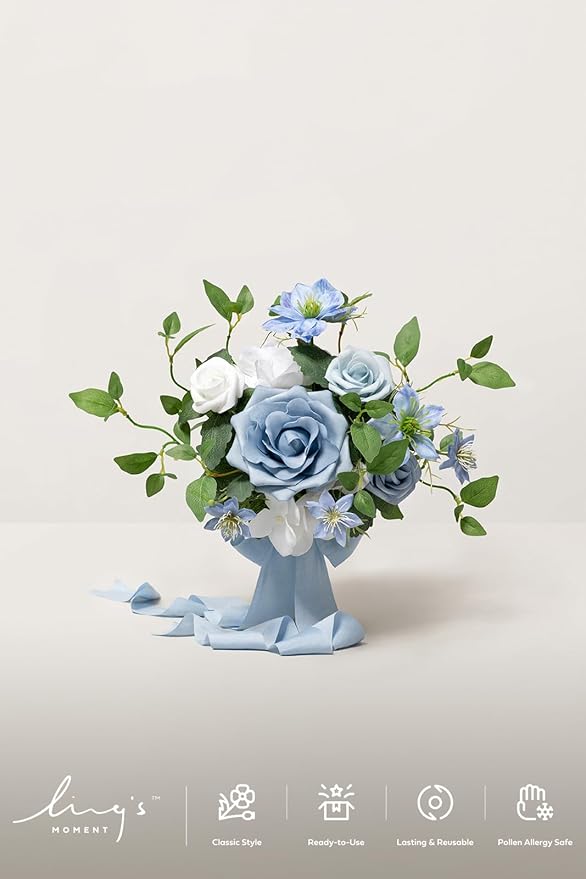 Ling's moment Bridesmaid Bouquet, Blue Wedding Bouquets for Bridesmaids, 7 Inch Bridal Bouquets for Bridesmaids, Wedding, Ceremony, Anniversary, etc.