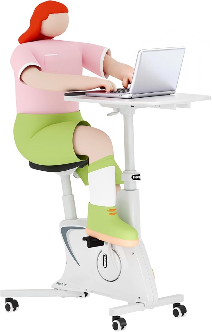 FLEXISPOT 3-in-1 Small Standing Desk with Wheels Exercise Bike Small Computer Desk for Laptop, Adjustable Height,2D Desktop,8-Level Resistance, Home Office Desks Workstation for Corner, White