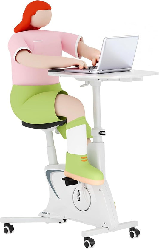 FLEXISPOT 3-in-1 Small Standing Desk with Wheels Exercise Bike Small Computer Desk for Laptop, Adjustable Height,2D Desktop,8-Level Resistance, Home Office Desks Workstation for Corner, White