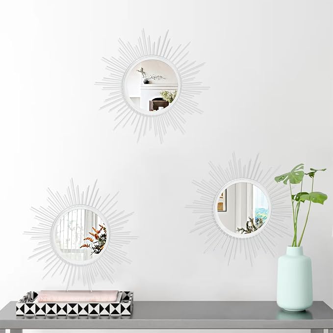 Mirror Wall Decor White Mirrors for Wall Metal Sunburst Mirrors Home Decoration Wall Art Decorative Mirror Suitable for Living Room Bedroom Bathroom Entrance Set of 3 12''