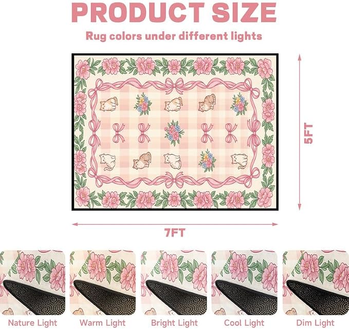 5'x7' Cat Floral Area Rug Pink Bow Flower Carpet Washable Rug Cute Cartoon Boho Floor Mat for Bedroom Living Room Nursery Playroom Classroom Home Decor