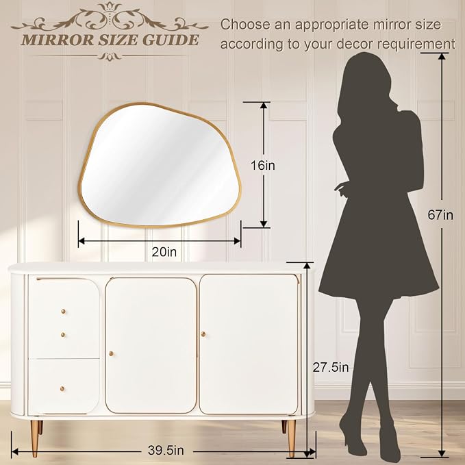 Irregular Mirror for Wall, Gold Wall Mirrors Decorative 20"x16" Asymmetrical Mirrors Aluminum Alloy Frame for Bathroom, Bedroom, Living Room, Cloakroom, Entryway